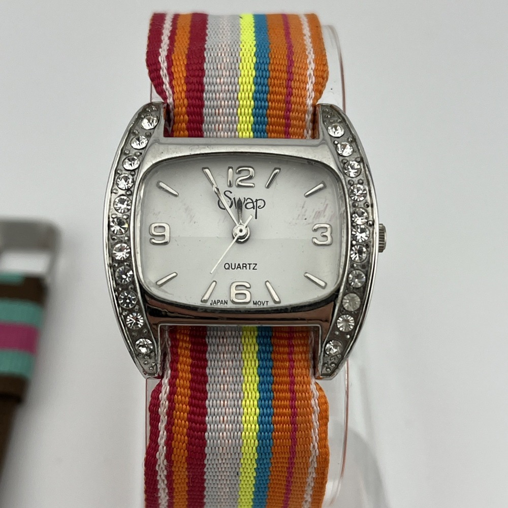 Swap Watch Women 32mm Silver Case‎ 2 Interchangeable Canvas Bands- New Battery